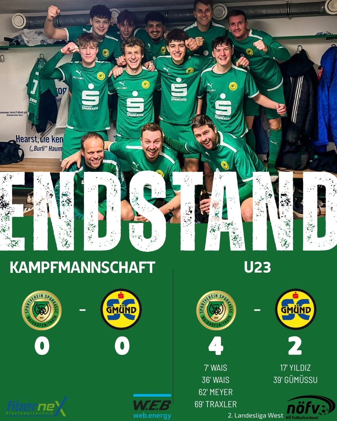 Green soccer team U23 match summary. Green team scores 0 and opponents score 4. Key players are Wais and Yildiz.