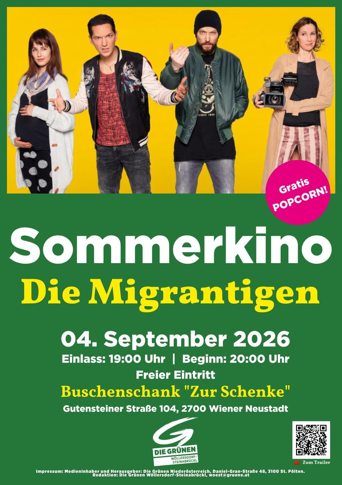 Plakat für den Film 'Sommerkino Die Migrantigen' mit vier Personen vor gelbem Hintergrund, einer hält eine Kamera. Der Film ist für den 4. September 2026 geplant, mit freiem Eintritt und einer Bar.