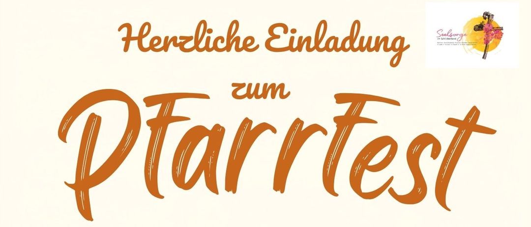 Eine Illustration eines Gemeindefestes mit Menschen, die sich um eine Kirche, Banner und einen Essensstand versammelt haben. Der Text lautet 'Pfarrfest' und 'Herzlich Willkommen!'. Das Ereignis ist für Sonntag, den 20. September 2026 geplant.