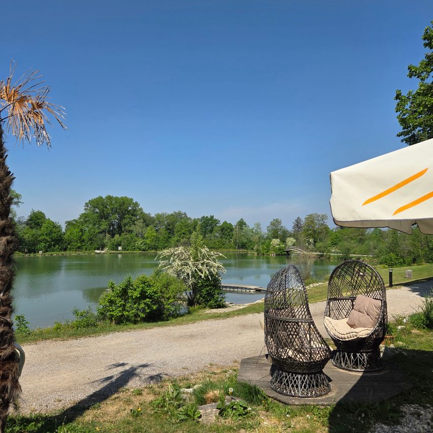 Zwei Korbsessel mit Kissen stehen unter einem Schirm neben einem See. Bäume und Büsche umgeben das Gebiet. Eine Brücke überspannt den See in der Ferne.