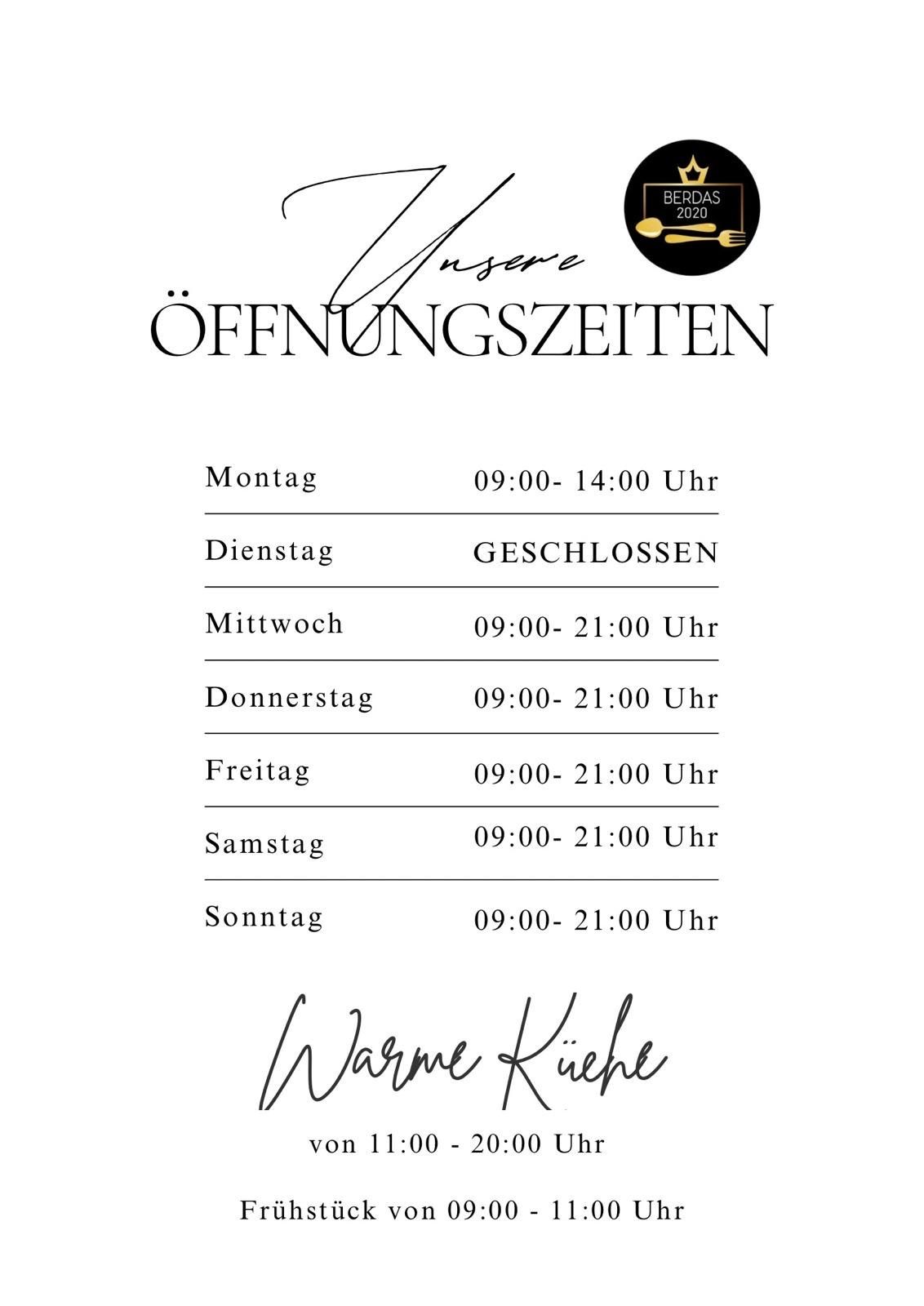 A poster displays the opening hours of a restaurant, 'Unsere Oeffnungszeiten', with a logo and signature at the top. The hours are listed for each day of the week.