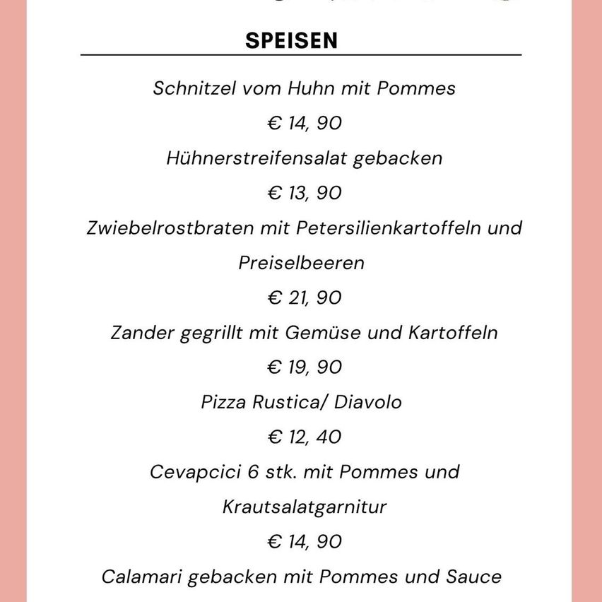 A menu with various dishes and their prices, including chicken schnitzel, chicken breast salad, and calamari.