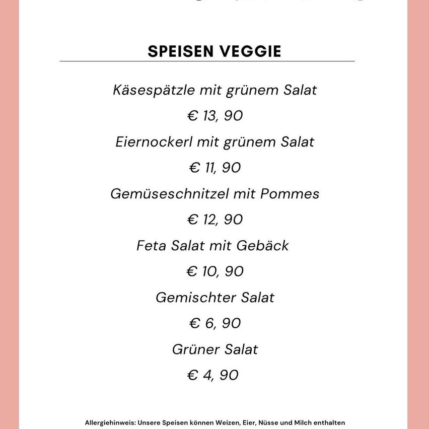 A menu featuring various salads with prices listed. Includes cheese bites, egg noodles, vegetable slices, feta salad, mixed salad, and green salad. Prices range from €4.90 to €13.90. Contains allergens: wheat, eggs, nuts, and milk.