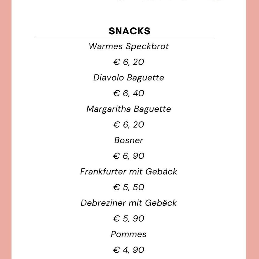 A menu with various snack options including Warmes Speckbrot, Diavolo Baguette, Margherita Baguette, Bosner, Frankfurter mit Geback, Debreziner mit Geback, and Pommes. Each item is listed with its price.