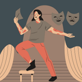 Eine Illustration einer Frau, die auf einem Hocker balanciert, ein Papier in der Hand hält, mit zwei Masken über ihrem Kopf, eine lächelt und eine sieht verärgert aus.