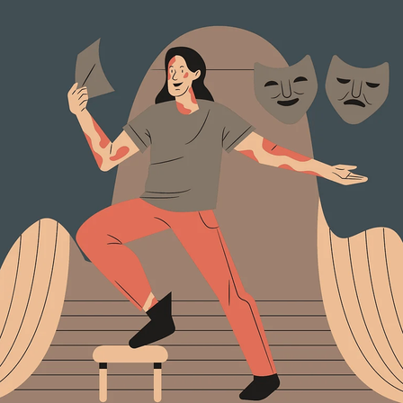 Eine Illustration einer Frau, die auf einem Hocker balanciert, ein Papier in der Hand hält, mit zwei Masken über ihrem Kopf, eine lächelt und eine sieht verärgert aus.