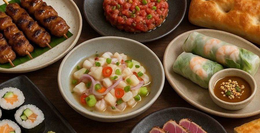 Eine Auswahl an Gerichten wie gegrillte Spieße, Thunfisch-Tartare und Garnelen-Frühlingsrollen auf einem Holztisch.