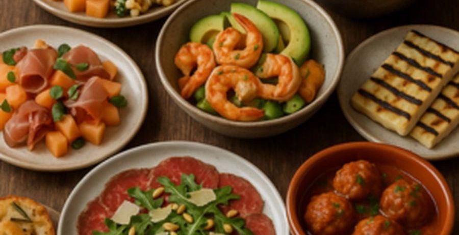 Auf einem Holztisch ist eine Auswahl an Gerichten zu sehen: Garnelen mit Avocado, Fleisch mit Grünzeug und Fleischbällchen in Sauce. Es gibt auch Teller mit Obst und Fleischscheiben.