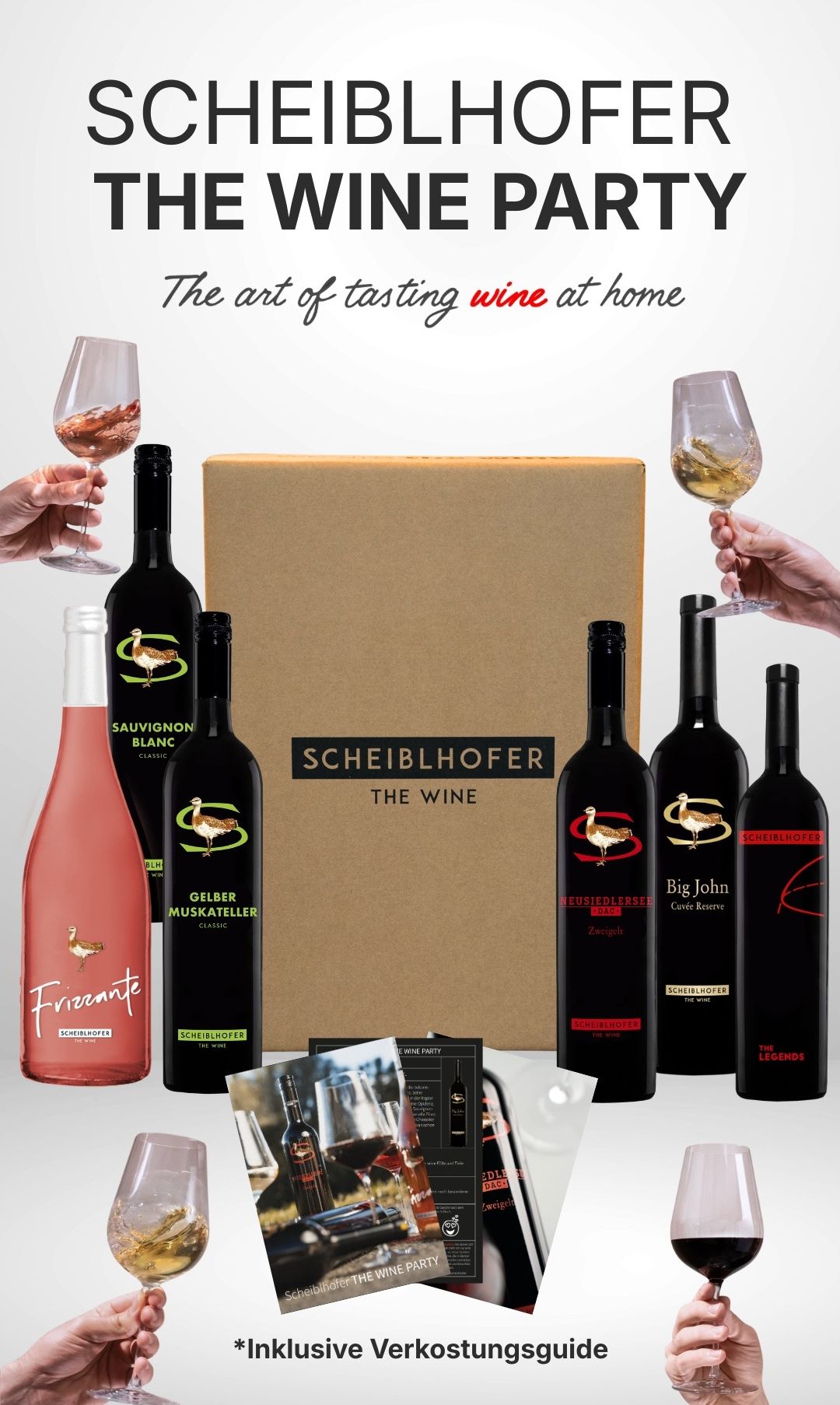 Weinverkostungsset für den Heimgebrauch. Eine Box enthält sechs Flaschen, zwei Weingläser und eine Partyeinladung. Die Weinflaschen haben verschiedene Etiketten wie Sauvignon Blanc Classic und Friante.