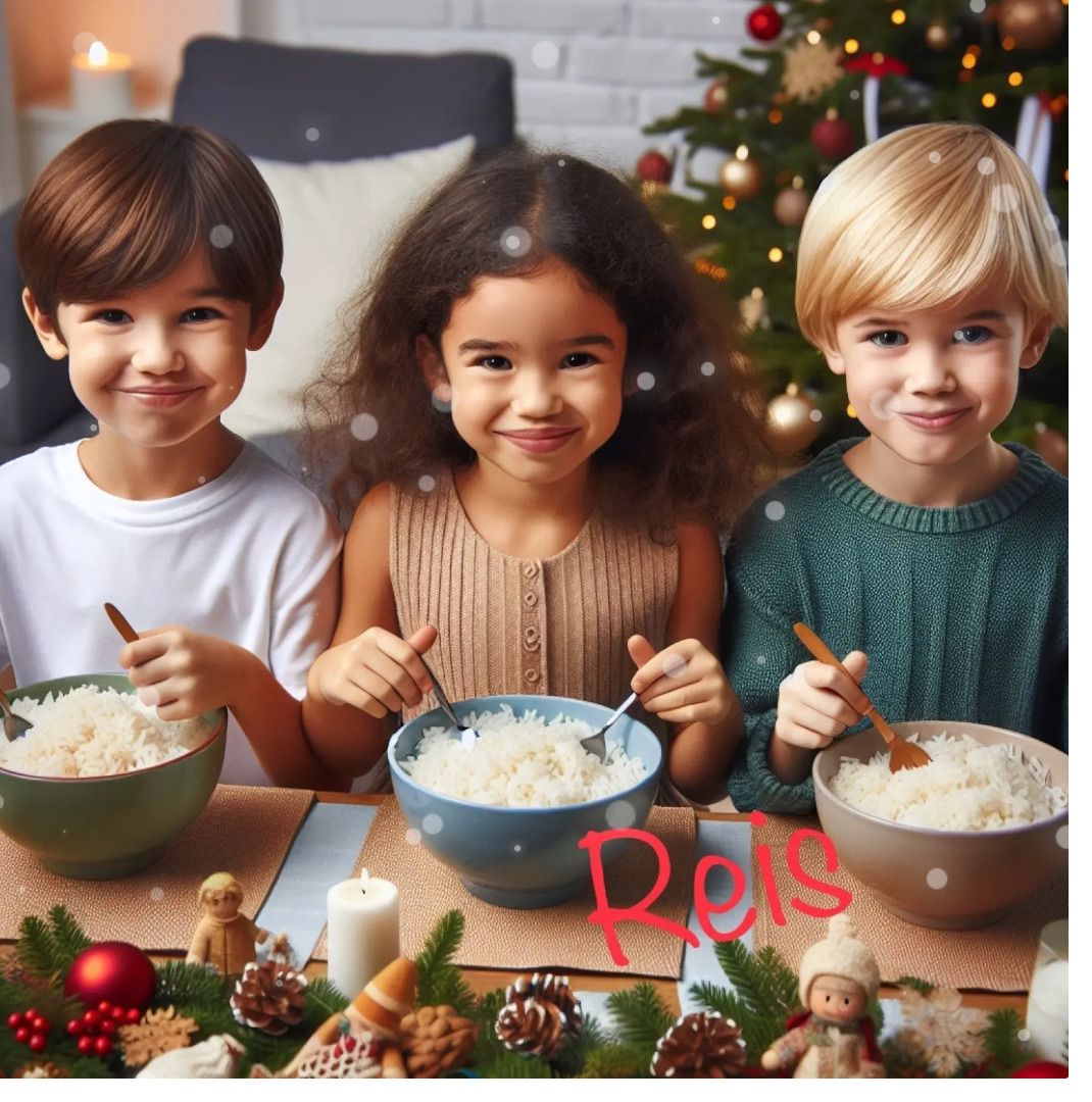 Drei Kinder sitzen an einem festlich gedeckten Tisch, lächeln und halten Schüsseln mit Reis in den Händen. Hinter ihnen steht ein mit Ornamenten geschmückter Weihnachtsbaum. Dekorative Elemente wie Tannenzapfen und eine Kerze verstärken die festliche Stimmung. Das Wort 'Reis' ist prominent in Rot angezeigt.