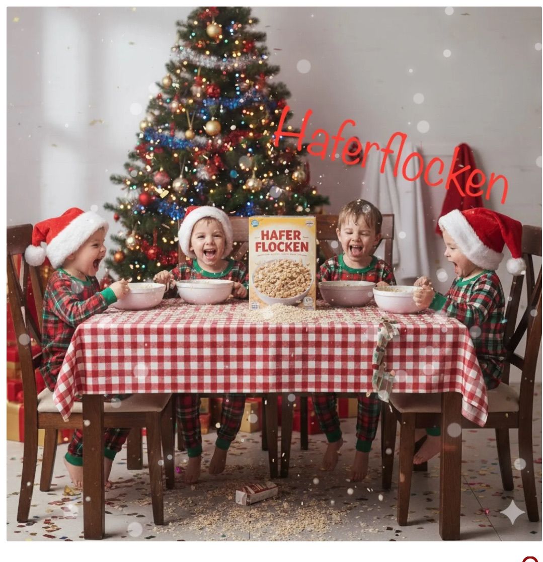 Vier Kinder in Weihnachtspyjamas sitzen um einen Tisch herum, lachen und essen Müsli aus Schalen. Ein Weihnachtsbaum und ein 'Haferflocken'-Schild sind im Hintergrund zu sehen.