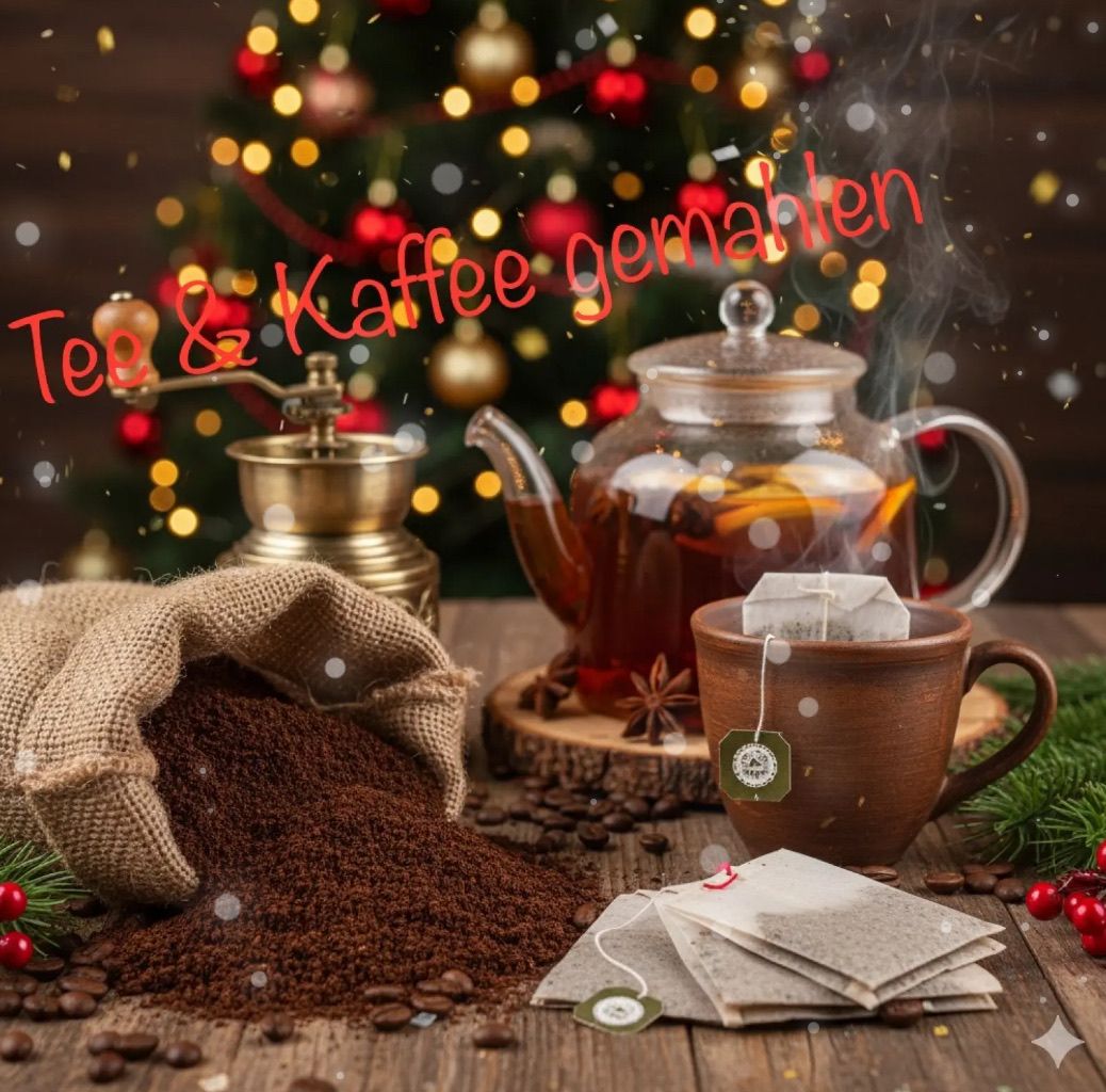 A wooden table displays a tea bag in a cup, a teapot with steam, a coffee grinder, and a burlap sack of coffee beans. A Christmas tree with lights is in the background.
