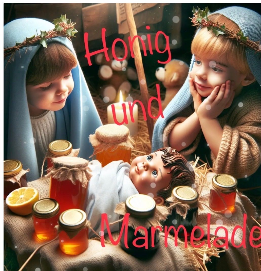 Zwei Kinder, die als Maria und Josef gekleidet sind, lächeln und halten Gläser mit Honig und Marmelade, mit einer Babypuppe in der Krippe, umgeben von einer festlichen Weihnachtsatmosphäre.