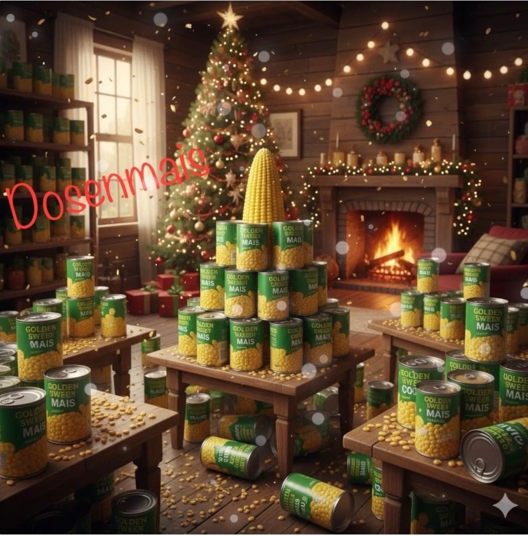 Eine festliche Szene mit einem Weihnachtsbaum, umgeben von Schachteln und Dosen von Golden Sweet Mais. Der Kamin ist mit Kerzen beleuchtet, und es gibt farbenfrohe Ornamente am Baum. Der Raum ist mit Weihnachtslichtern und einem Kranz geschmückt.