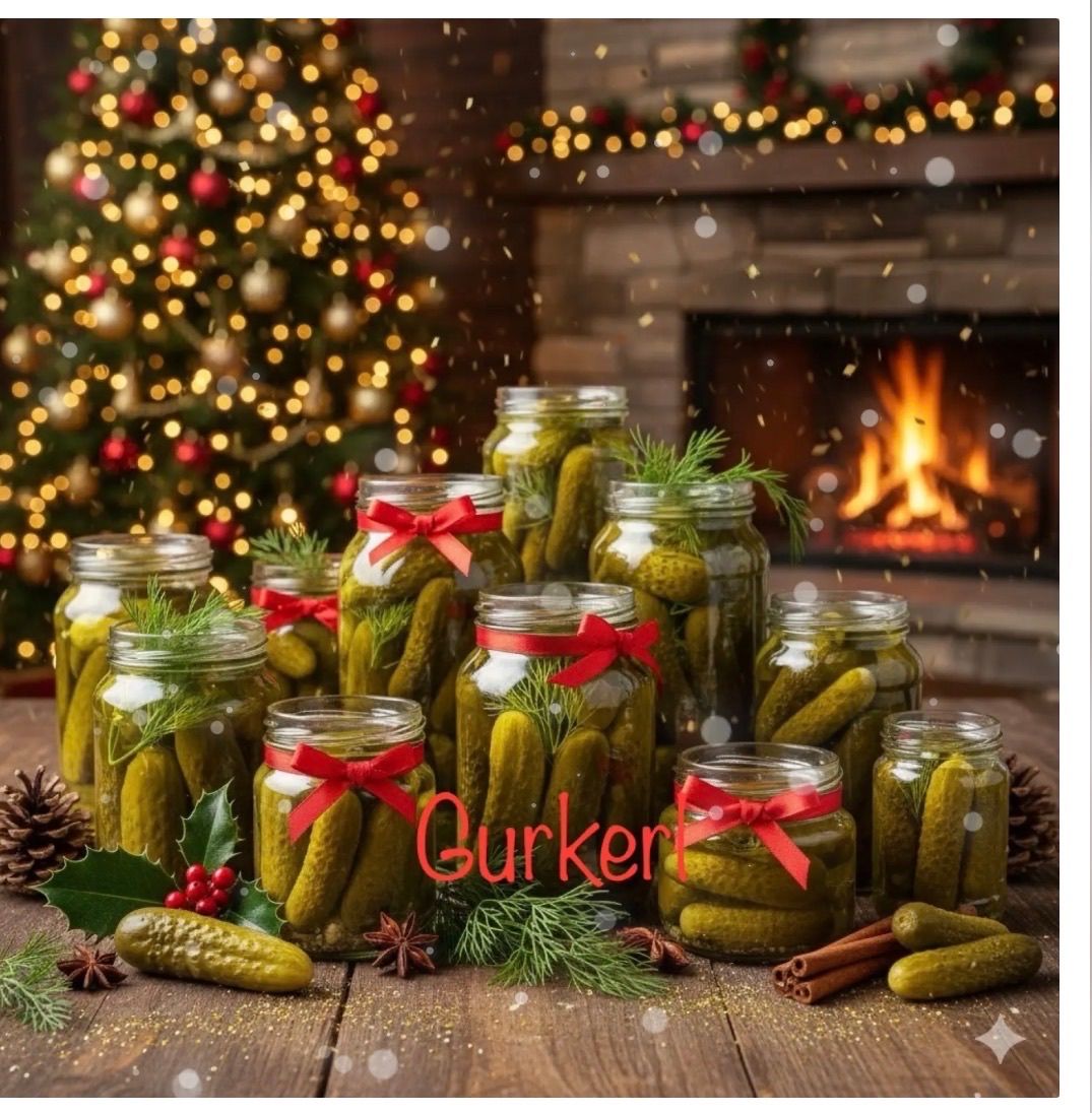Auf einem Holztisch stehen mehrere Gläser mit eingelegten Gurken, die mit roten Schleifen verziert sind. Dahinter brennt ein Kamin, und im Hintergrund befindet sich ein Weihnachtsbaum mit Dekorationen.