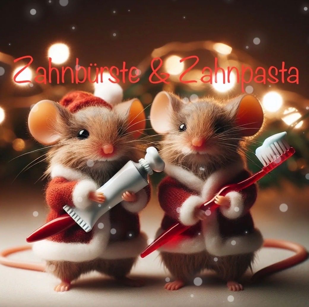 Zwei Mäuse in Weihnachtsmützen, eine hält eine Zahnbürste und die andere eine Tube Zahnpasta. Das Bild ist mit Weihnachtslichtern und Schnee dekoriert.