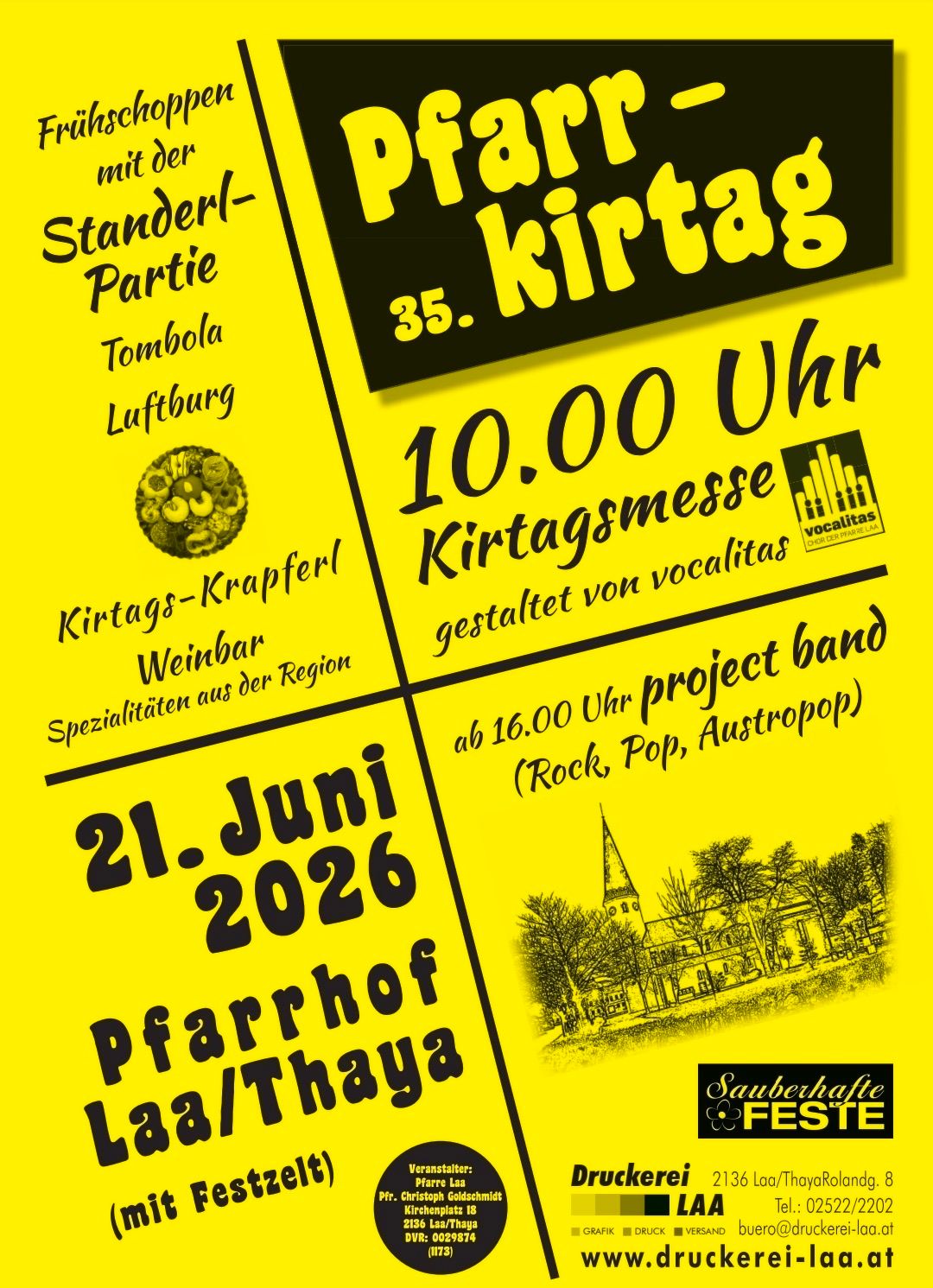 Plakat für das Dorffest von Pfarrhof Les/Thaya am 21. Juni 2026. Das Event beinhaltet einen Handwerksmarkt, Musikauftritte und einen Gottesdienst um 10:00 Uhr.