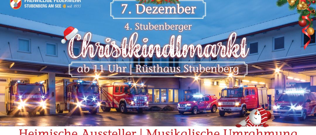 Plakat für den 7. Dezember Weihnachtskindmarkt. Vier Feuerwehrfahrzeuge sind vor einem Gebäude geparkt. Die Veranstaltung beginnt um 11 Uhr.