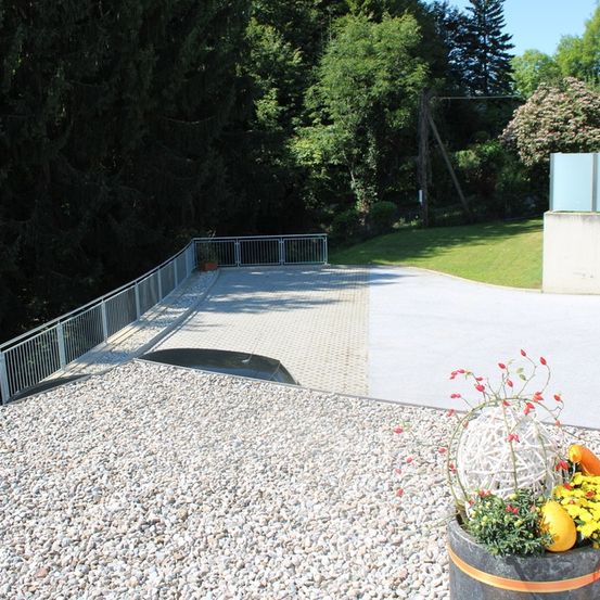 Eine Kiesauffahrt führt zu einem grünen Rasen, umgeben von Bäumen und Pflanzen. Links befindet sich ein Metallzaun und rechts ein Blumentopf.