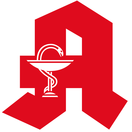 Ein rotes geometrisches Design mit einem zentralen weißen medizinischen Symbol, das einer Schale mit einer Schlange ähnelt, umschlossen von einer 'H'-Form.