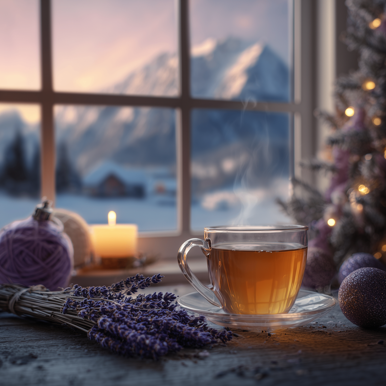 Eine Tasse Tee mit Lavendel und einer Kerze am Fensterbrett, mit einem Blick auf einen verschneiten Berg im Hintergrund.