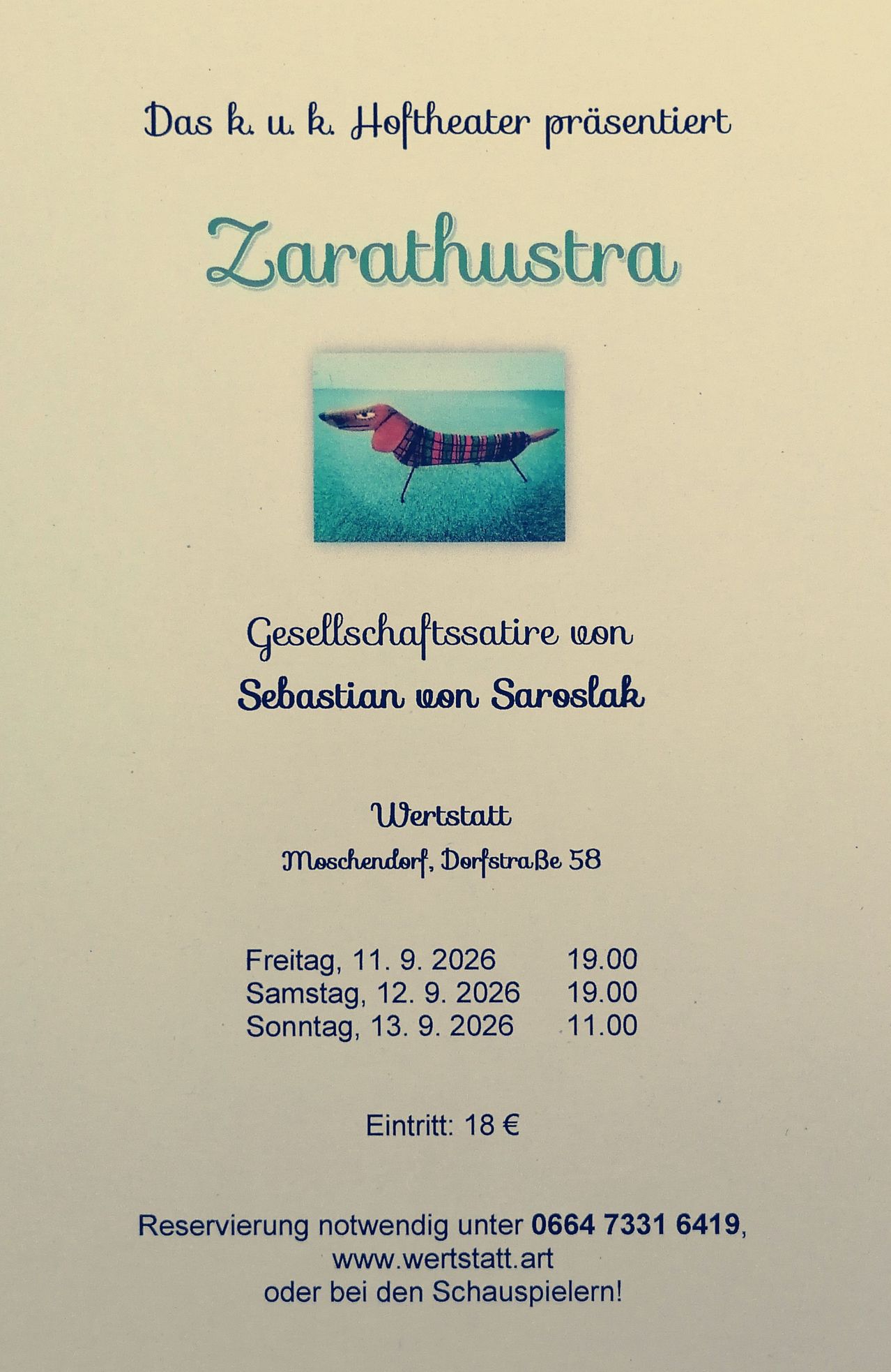 A poster for a satirical society event featuring a cartoon dog, with dates and times for the event listed.
