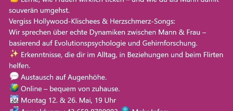 Online Männerkreis montags, 19 Uhr. Lerne, wie Frauen wirklich ticken – und wie du als Mann damit souverän umgehst.