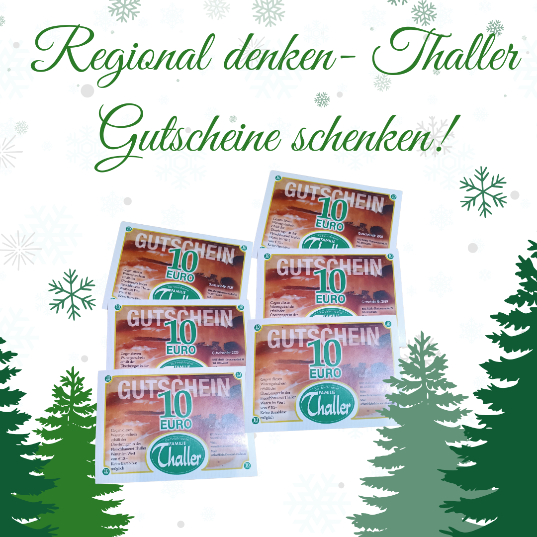 Eine festliche Werbung zeigt mehrere Geschenkgutscheine für je 10 Euro, umgeben von Schneeflocken und Tannenbäumen, und ermutigt zur Idee, regionale Gutscheine als Geschenke zu verschenken.