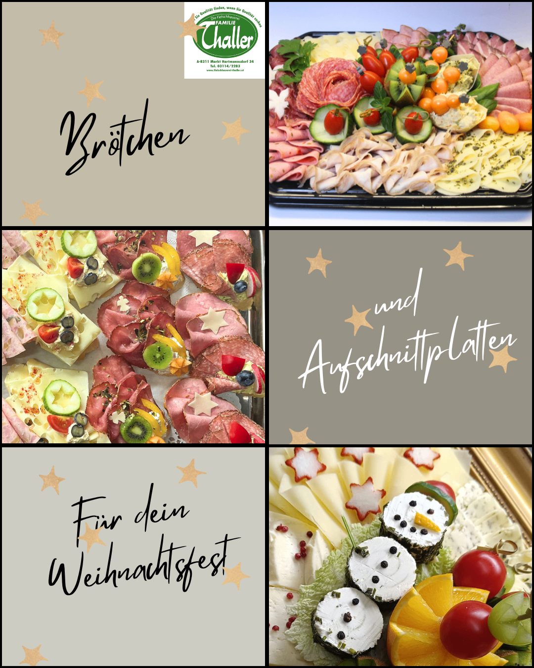 Eine Collage von Essensplatten mit festlichen Sternendekorationen. Das obere Bild zeigt eine Fleisch- und Gemüseplatte. Darunter befindet sich eine Käseplatte mit Kiwi und Oliven. Rechts daneben eine Käseplatte mit Sternen. Unten eine Käseplatte mit Schneemann.
