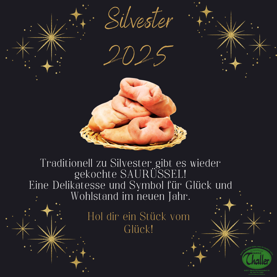 Ein Plakat bewirbt gekochtes Sauerkraut für Silvester 2025. Es zeigt einen Korb mit gekochtem Sauerkraut auf schwarzem Hintergrund mit goldenen Sternen.