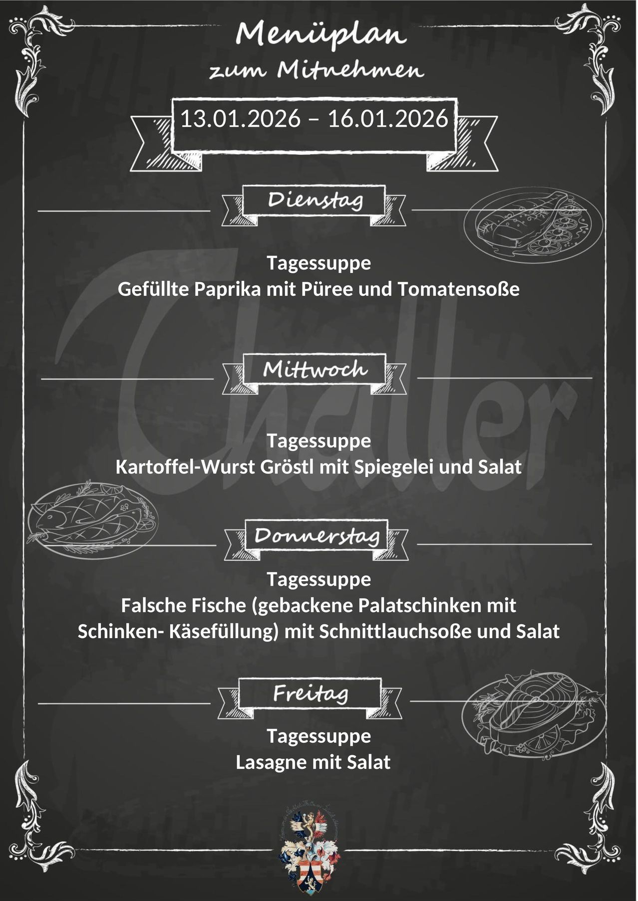 Das Menü bietet fünf Tage lang Mahlzeiten an. Dienstag hat gefüllte Paprika mit Birne und Tomatensoße. Mittwoch bietet Kartoffel-Wurst Gröstl mit Spiegelei und Salat. Donnerstags Mahlzeit ist Falsche Fische mit Käsefüllung und Schnittlauchsoße. Freitags Gericht ist Lasagne mit Salat.