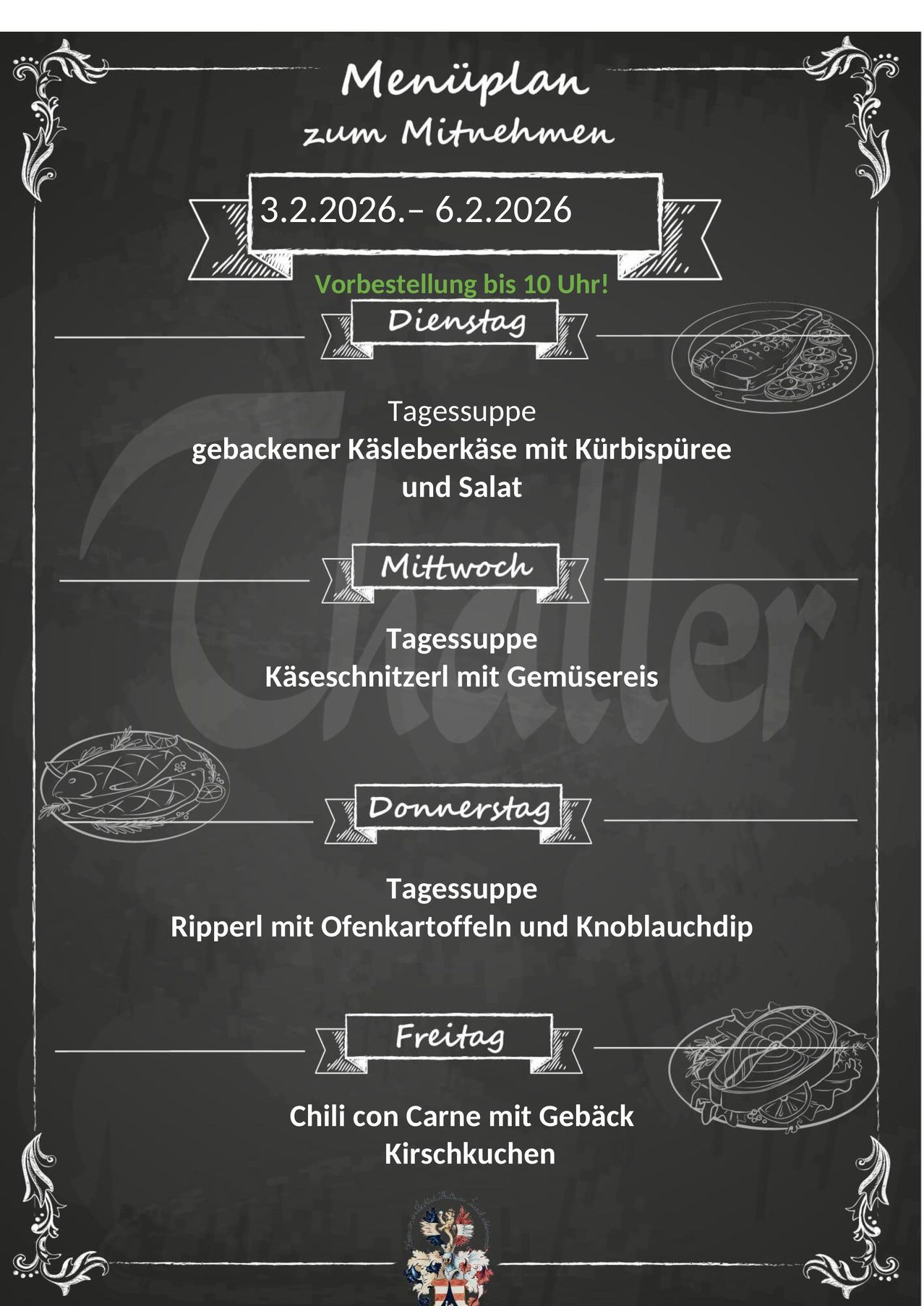 Wochenmenü vom 3.2.2026 bis 6.2.2026. Dienstag: Gebackenes Schweinefilet mit Kürbispüree und Salat. Mittwoch: Käseplatte mit Gemüse. Donnerstag: Paprikaschoten mit Ofenkartoffeln und Knoblauchdip. Freitag: Chili con Carne mit Brot.
