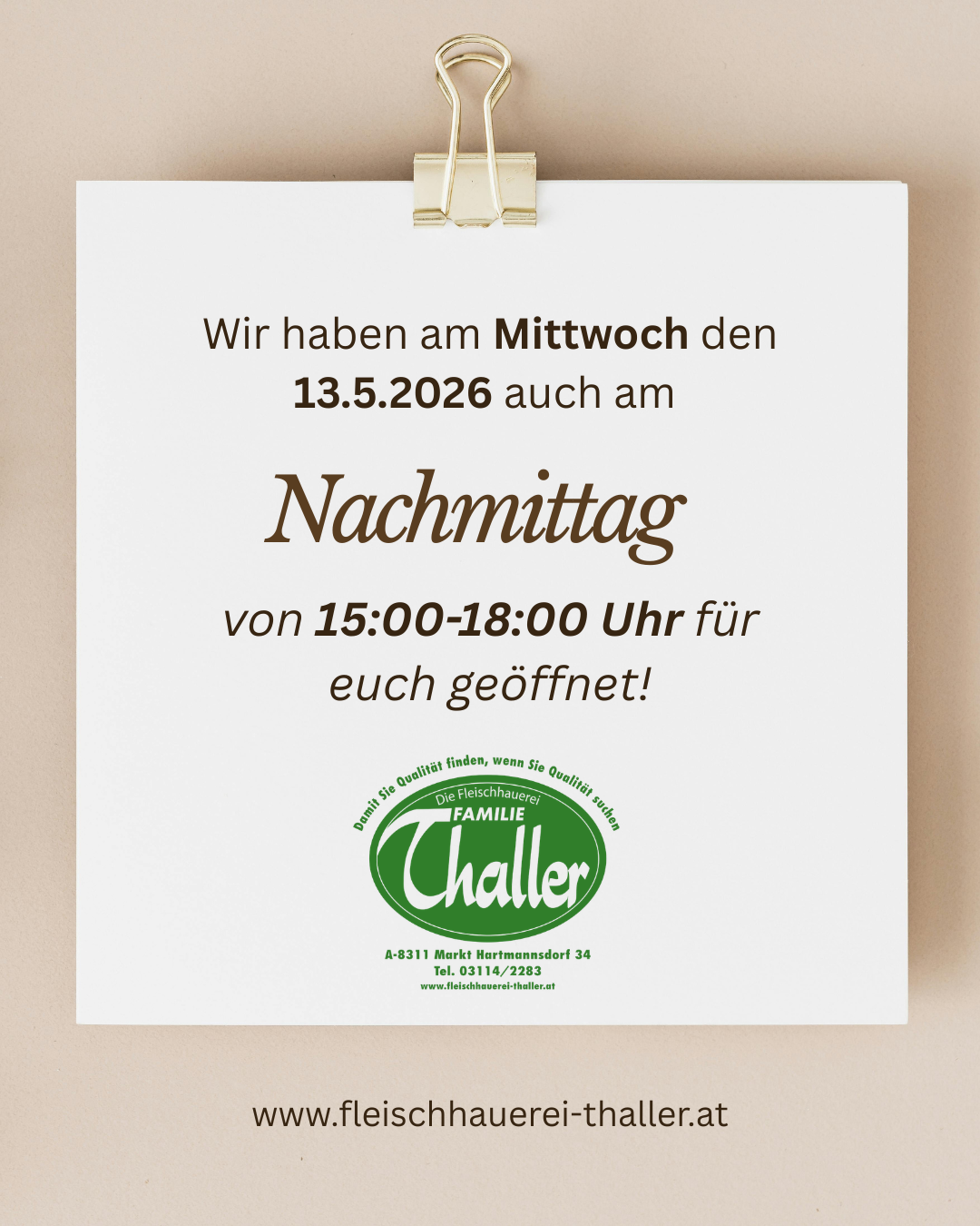 Poster announcing that on Wednesday, May 13, 2026, a store will be open in the afternoon from 3:00 PM to 6:00 PM. Logo and contact information are displayed.