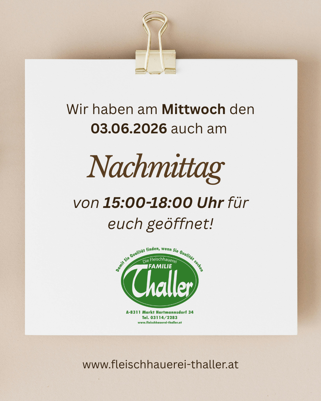 Poster announces a Wednesday afternoon opening from 3:00 PM to 6:00 PM on 03.06.2026 for family-run meat shop with a green logo.