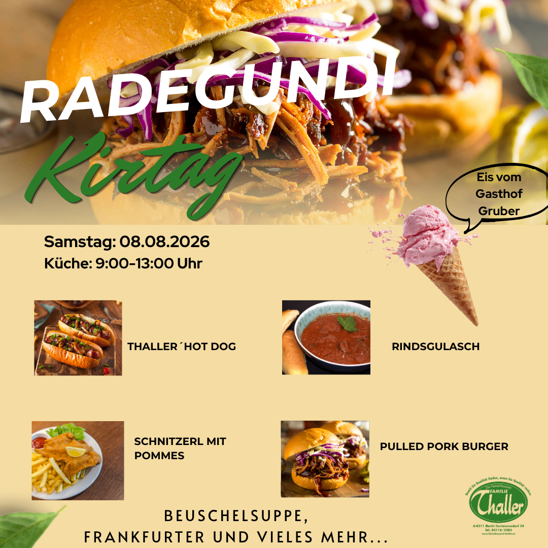 Ein Plakat, das ein Essensfestival mit einem Pulled Pork Burger, Hot Dogs und anderen Gerichten bewirbt. Das Plakat hat ein leuchtendes Farbschema und enthält das Datum 08.08.2026.