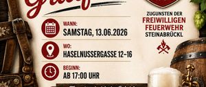 GBV Grillfest Plakat. Datum: Samstag, 13.06.2026. Ort: Haselnussgasse 12-16. Zeit: Beginn um 17:00 Uhr. Bier, Bratwurst und Lederhosen sind willkommen. Freier Eintritt für die Freiwilligen Feuerwehr Steinabrückl. 1906-2026.