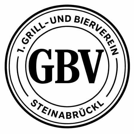 Ein kreisförmiges Logo mit dem Text '1. Grill-und Bierverein' oben, 'GBV' in fetter schwarzer Schrift in der Mitte und 'Steinabrückl' in kleinerer Schrift unten.
