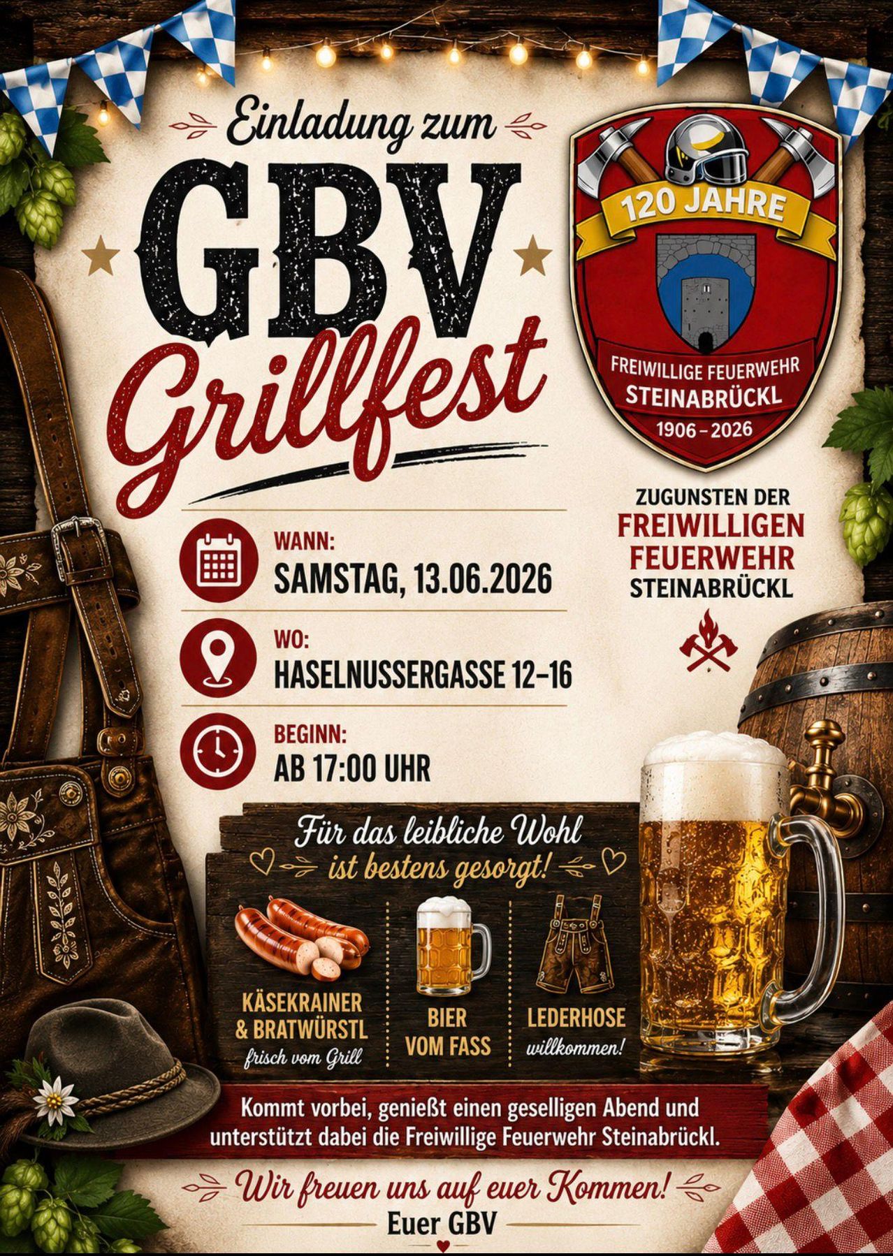 Plakat für GBV Grillfest, am Samstag, 13. Juni 2026, Beginn um 17:00 Uhr, in der Haselnussgasse 12-16. Bier und Würstchen vom Grill sind willkommen.