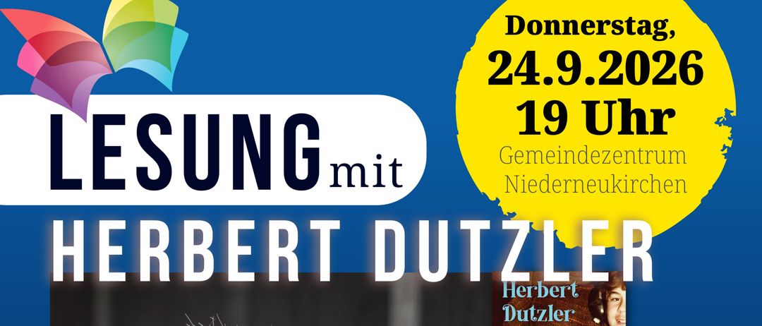 Ein Werbeplakat für eine Lesung mit Herbert Dutzler, Autor von 'Der Plattenspieler unter der Dachschrage', mit blauem Hintergrund und einem Buchcover auf der rechten Seite.