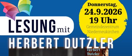 Ein Werbeplakat für eine Lesung mit Herbert Dutzler, Autor von 'Der Plattenspieler unter der Dachschrage', mit blauem Hintergrund und einem Buchcover auf der rechten Seite.