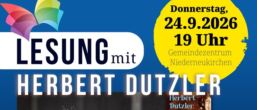 Ein Werbeplakat für eine Lesung mit Herbert Dutzler, Autor von 'Der Plattenspieler unter der Dachschrage', mit blauem Hintergrund und einem Buchcover auf der rechten Seite.