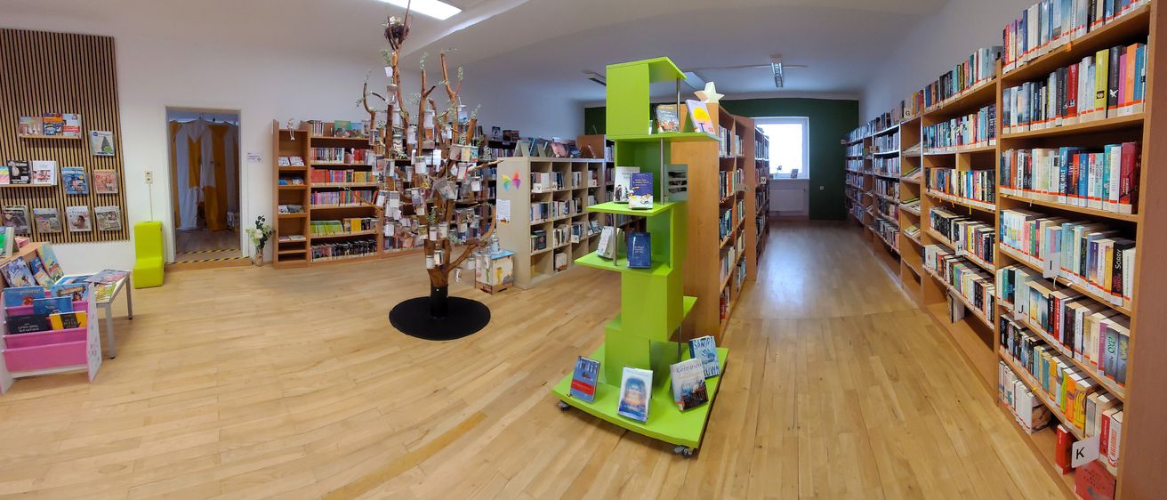 Innenansicht einer Bibliothek mit Holzböden und Bücherregalen. Eine Baum mit Büchern in der Mitte. Ein grünes Regal ist rechts.