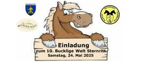 Ein illustriertes Pferd hält ein Schild mit der Aufschrift 'Einladung 10. Bucklige Welt Sternritt Samstag, 24. Mai 2025'.