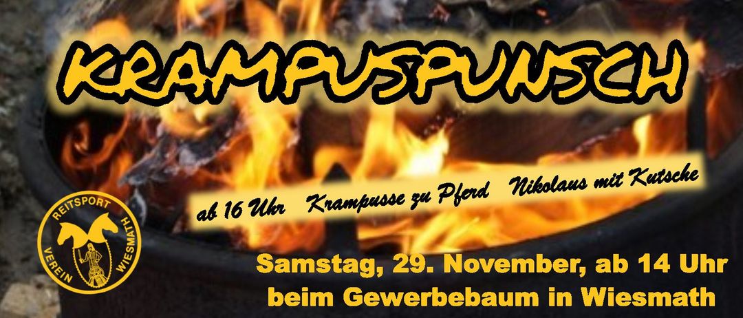 Plakat mit Flammen und Text, das eine Samstagsveranstaltung am 29. November am Gewerbebau-Standort ankündigt. Krampusse zu Pfard um 16 Uhr.