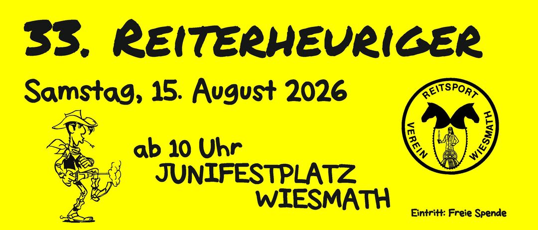 Ein gelber Plakat mit schwarzem Text, das 'Eiterheure' am 15. August 2026 um 10 Uhr am Junifestplatz Wiesmath ankündigt.