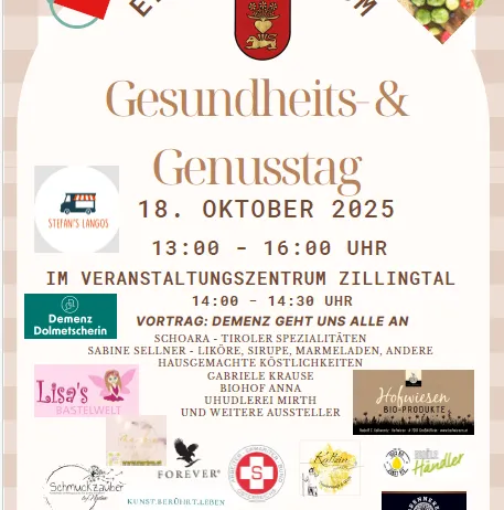 Plakat für einen Gesundheits- und Genusstag am 18. Oktober 2025. Mit lokalen Anbietern, Gesundheitsvorträgen und einer Auswahl an Lebensmitteln.