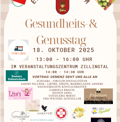 Plakat für einen Gesundheits- und Genusstag am 18. Oktober 2025. Mit lokalen Anbietern, Gesundheitsvorträgen und einer Auswahl an Lebensmitteln.