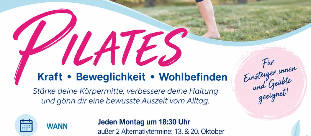 Plakat für Pilates-Kurs im Kindergarten in Zillingtal. Eine Frau in Pink macht eine Yoga-Pose. Das Plakat enthält Details wie Zeit, Kosten und Kontaktinformationen.