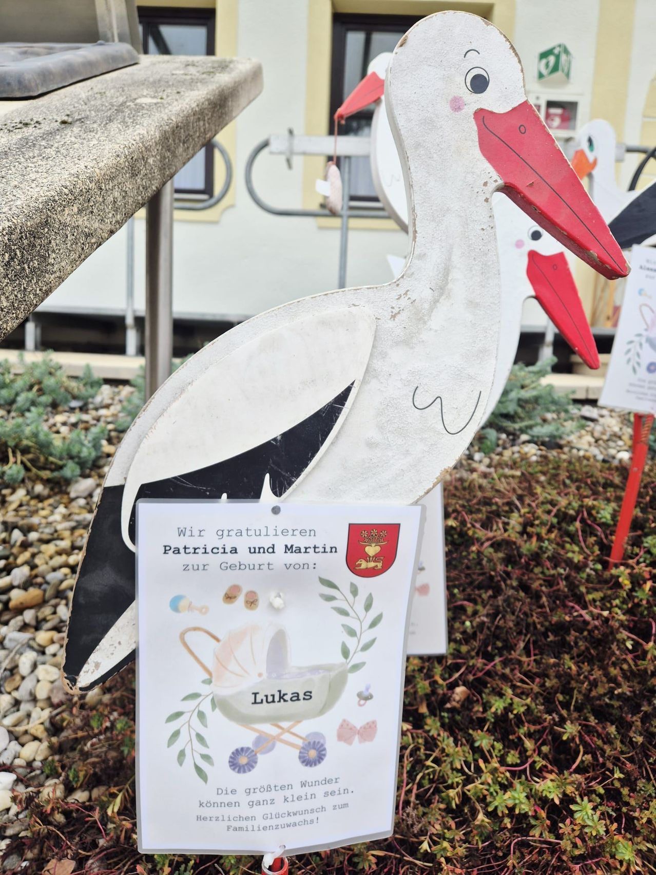 Eine Storchendekoration in einem Garten, mit einer Karte, auf der steht: 'Wir gratulieren Patricia und Martin zur Geburt von: Lukas.' Im Hintergrund befinden sich weitere dekorative Elemente.