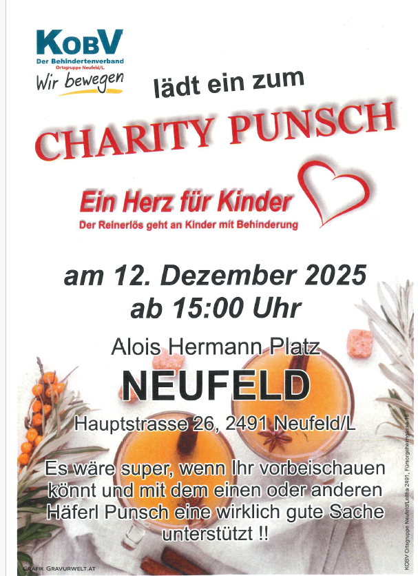Charity-Punsch-Veranstaltung in Neufeld am 12. Dezember 2025 um 15:00. Ort ist Alois Hermann Platz. Der Reinerlös geht an Kinder mit Behinderung.